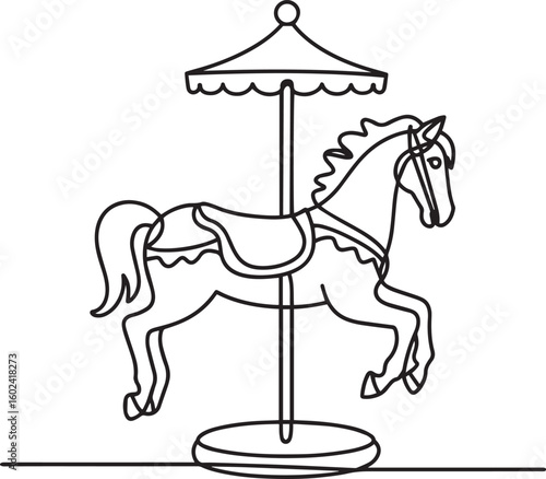 Continuous one line drawing of carousel horse in minimalist vector style, simple line art illustration of toy with editable stroke

