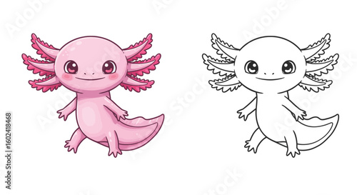 Adorable Pink Axolotl Character in Both Color and Line Art
