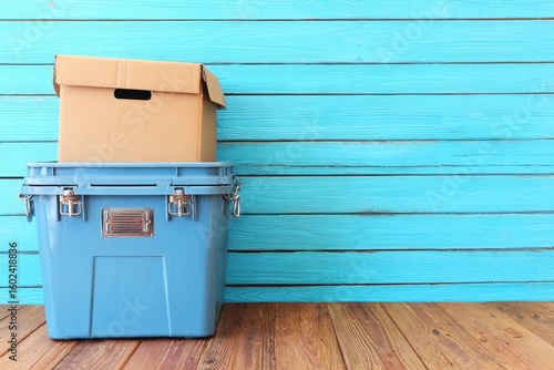 Two boxes, one light brown cardboard, one blue plastic, against a teal wood wall