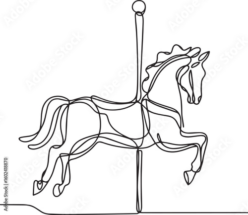 Continuous one line drawing of carousel horse in minimalist vector style, simple line art illustration of toy with editable stroke


