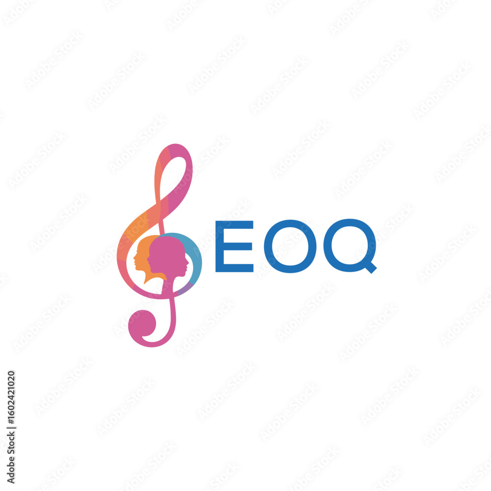 Fototapeta premium EOQ “Creative music logo with human silhouettes and treble clef in gradient colors, EOQ Later Logo, modern artistic design isolated on white background” 