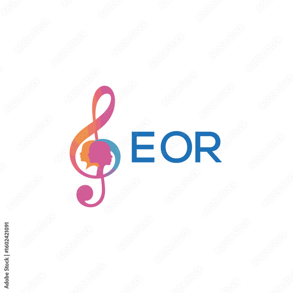 Fototapeta premium EOR “Creative music logo with human silhouettes and treble clef in gradient colors, EOR Later Logo, modern artistic design isolated on white background” 