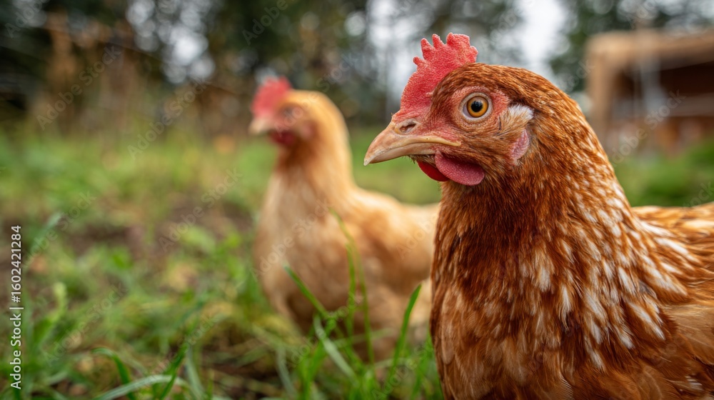 Fototapeta premium Close-up of two brown chickens roosters foraging in green grass backyard coop on sunny day, banner with copy space