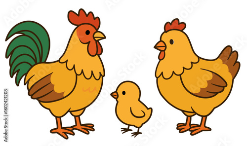 Chicken family with chick, hen, and rooster vector illustration set. Baby, female, and male chickens cartoon clipart in flat style. Farm animals