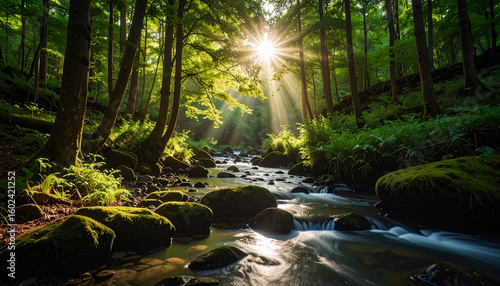 Sunlight filters through the lush green forest canopy, illuminating a serene stream and moss-covered rocks.