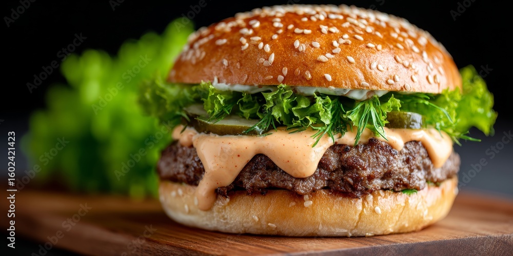 Deliciously Crafted Gourmet Hamburger with Fresh Ingredients and a Perfectly Grilled Patty Deliciously Crafted Gourmet Hamburger with Fresh Ingredients and a Perfectly Grilled Patty