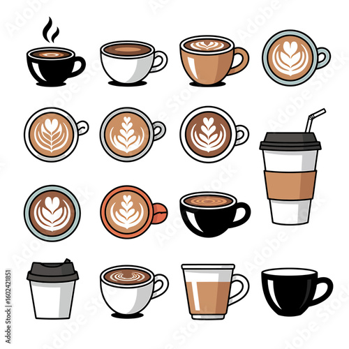 Variety of Coffee Beverages and Coffee Art Designs in Different Cups Illustration for Coffee Shops and Digital Media Use