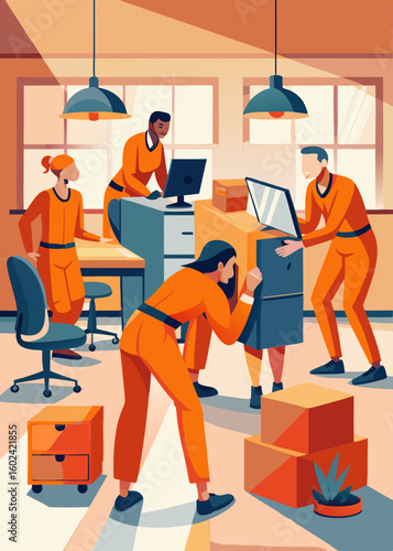 Office workers arranging furniture in modern workspace wearing loose orange clothes.