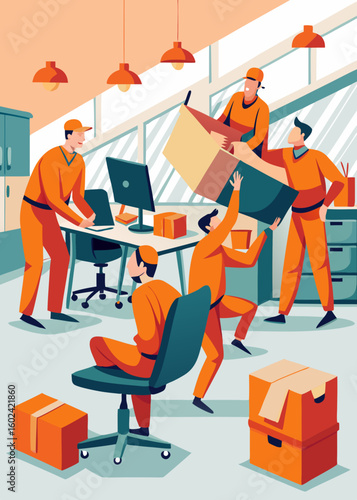Office workers arranging furniture in modern workspace wearing loose orange clothes.