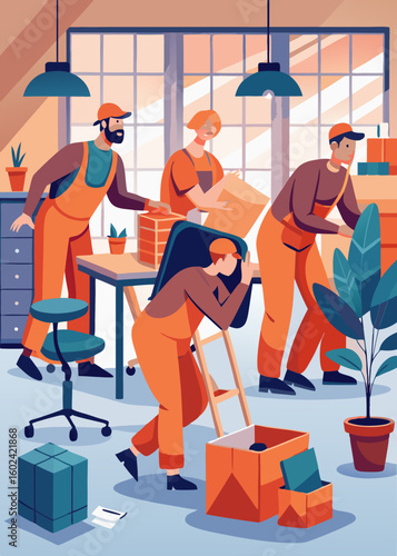 Office workers arranging furniture in modern workspace wearing loose orange clothes.