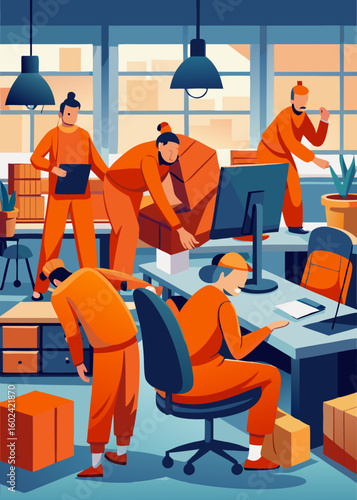 Office workers arranging furniture in modern workspace wearing loose orange clothes.