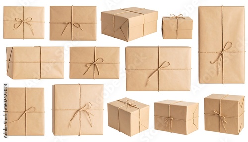 Multiple packages wrapped in brown paper with twine