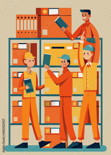 Team of characters in orange outfits organizing large office filing system on tall shelf. Minimalist office teamwork concept with collaborative workers arranging files in workplace setting.

