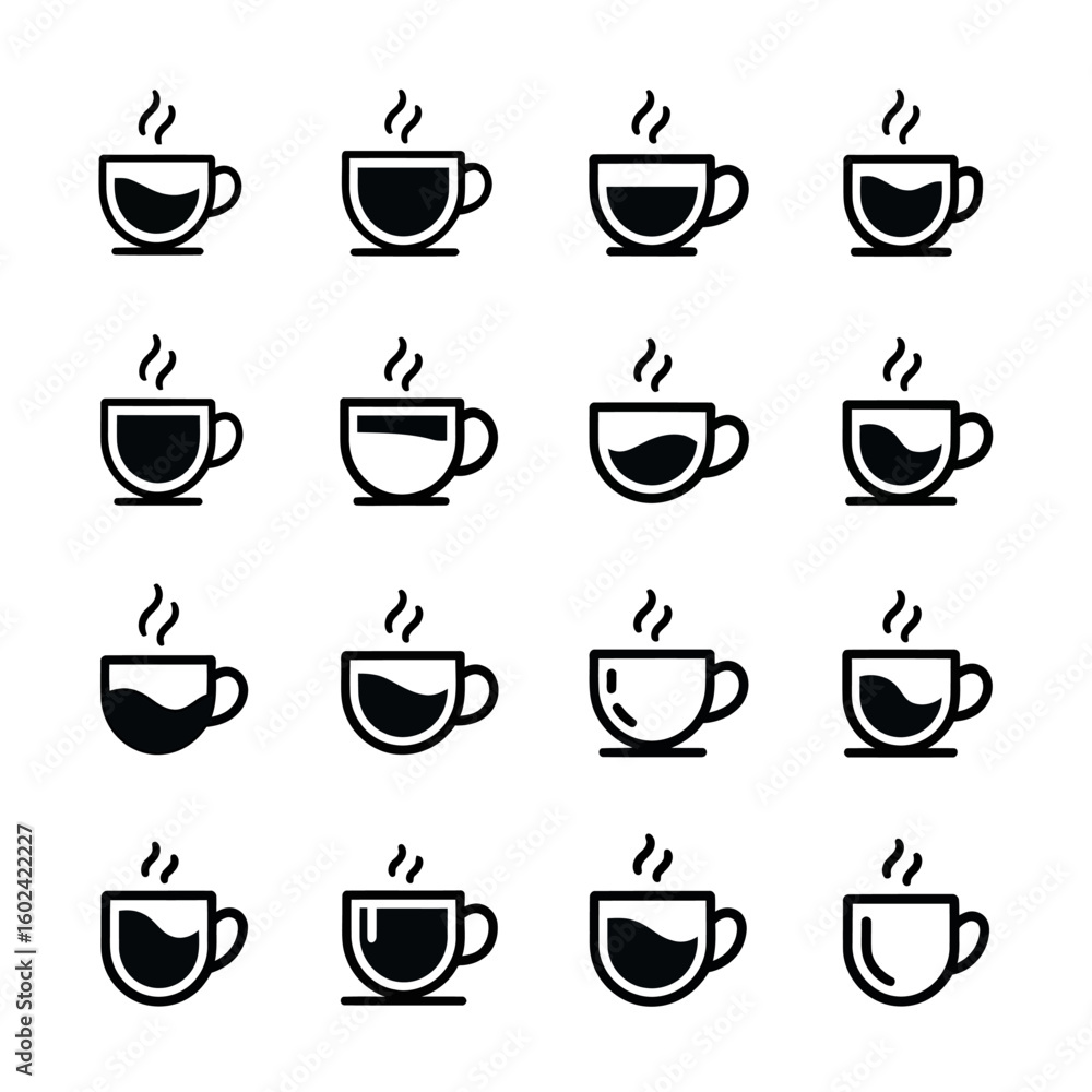 Black Coffee Cup Icons Collection Representing Hot Beverages and Coffee Breaks for Graphic Design Elements and Business Concepts Black Coffee Cup Icons Collection Representing Hot Beverages and Coffee Breaks for Graphic Design Elements and Business Concepts