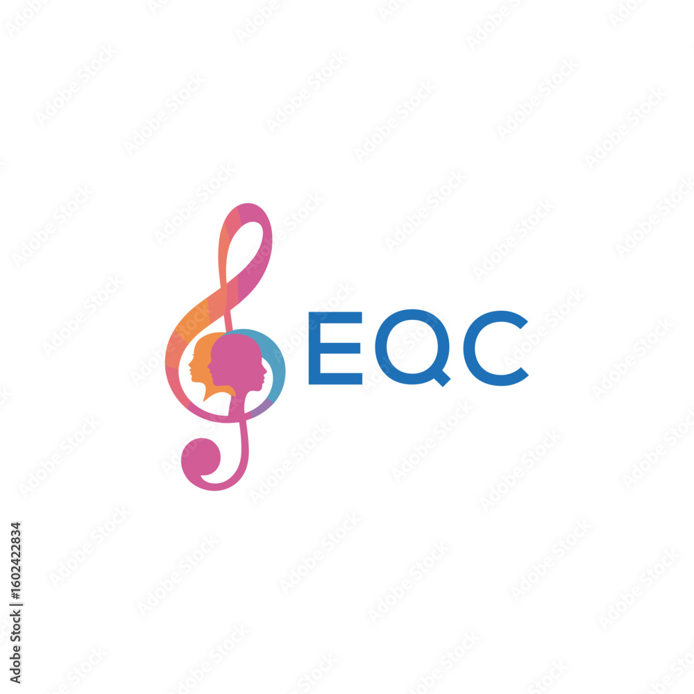 Fototapeta premium EQC “Creative music logo with human silhouettes and treble clef in gradient colors, EQC Later Logo, modern artistic design isolated on white background” 