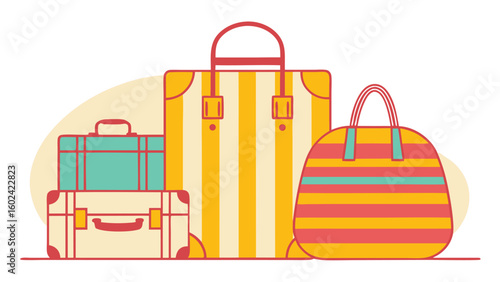 Collection of striped and solid luggage bags suitcase