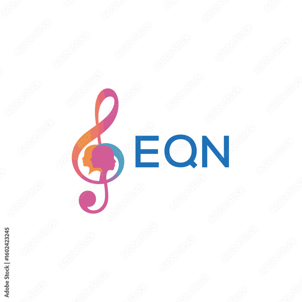 Fototapeta premium EQN “Creative music logo with human silhouettes and treble clef in gradient colors, EQN Later Logo, modern artistic design isolated on white background” 