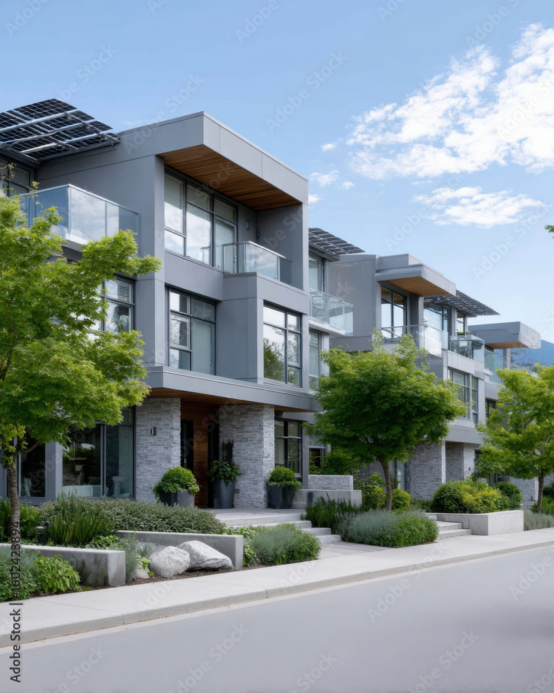 Fototapeta premium Modern townhouses with solar panels embracing sustainable living