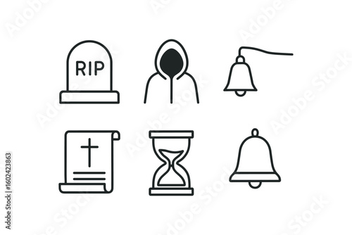 straight perfect out stroke icon mono icons style isolated death gravestone emblem death reaper cloak death candle snuffer tool death last rites scroll death hourglass timer death funeral
