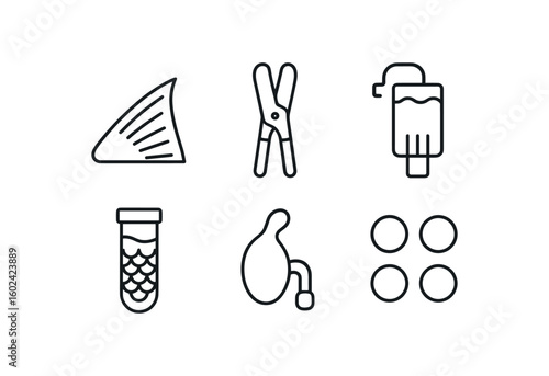 straight perfect out stroke icon mono icons style isolated fish fin clipper tool fish tank filter unit fish scale sample vial fish swim bladder model fish tracking tag fish feed pellet
