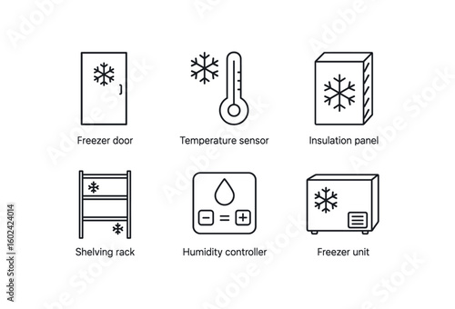 straight perfect out stroke icon mono icons style isolated cold storage freezer door cold storage temperature sensor cold storage insulation panel cold storage shelving rack cold storage