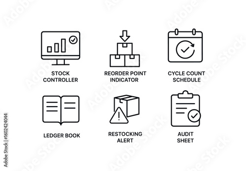 straight perfect out stroke icon mono icons style isolated stock controller dashboard stock controller reorder point indicator stock controller cycle count schedule stock controller ledger