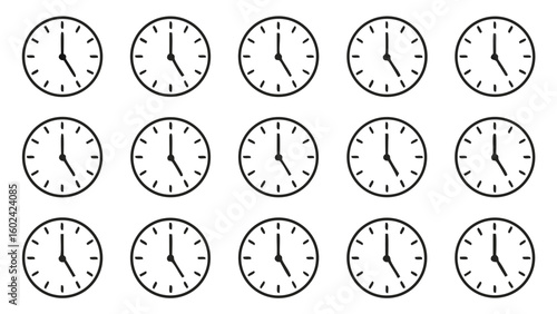 Fifteen minimalist analog clocks showing five oclock