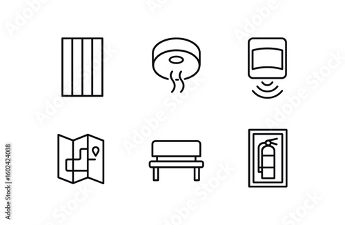straight perfect out stroke icon mono icons style isolated corridor acoustic panel corridor smoke alarm corridor motion detector corridor wayfinding map corridor bench seating corridor fire