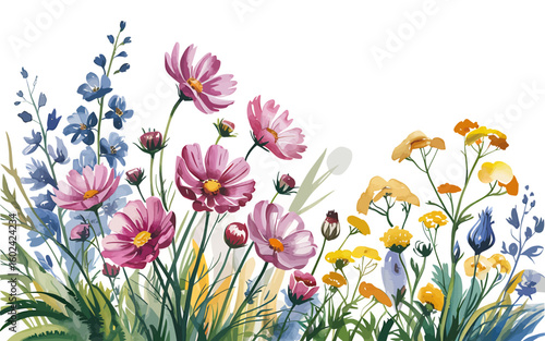 Watercolor Wildflower Meadow Illustration with Pink Cosmos and Blue Delphiniums on White Background a Floral Dream