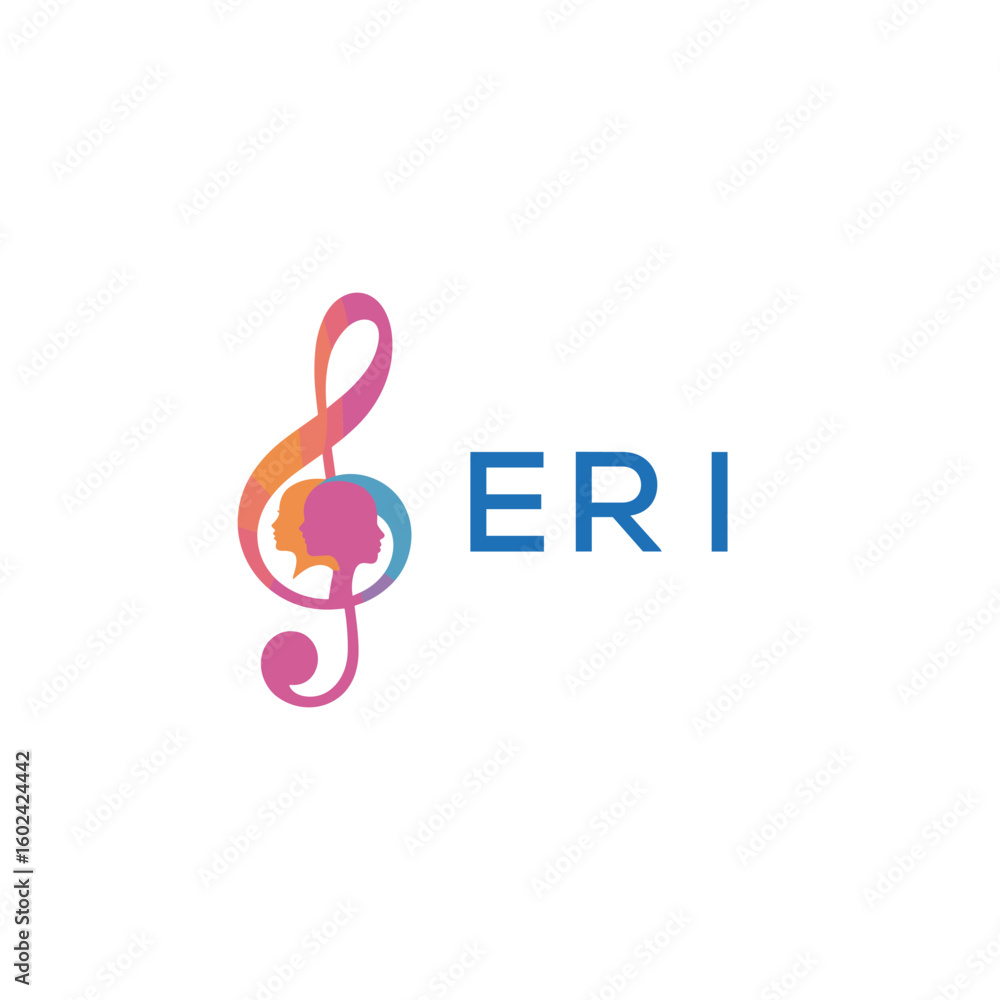 Fototapeta premium ERI “Creative music logo with human silhouettes and treble clef in gradient colors, ERI Later Logo, modern artistic design isolated on white background” 