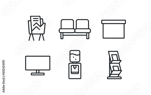 straight perfect out stroke icon mono icons style isolated waiting room magazine rack waiting room seating bench waiting room reception desk waiting room tv monitor waiting room water