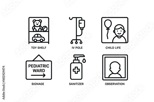 straight perfect out stroke icon mono icons style isolated pediatric ward toy shelf pediatric ward IV pole pediatric ward child life room pediatric ward signage pediatric ward sanitizer