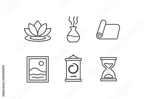straight perfect out stroke icon mono icons style isolated lotus flower pond aroma diffuser yoga mat calming painting Zen calligraphy scroll relaation timer