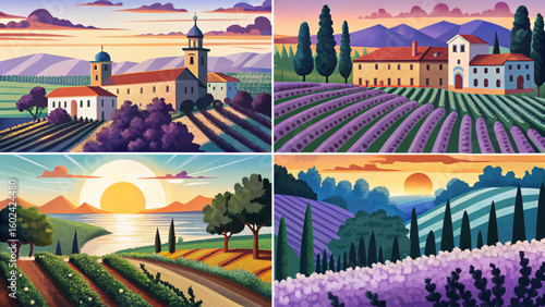 illustration Italian vineyards set cartoon landscape design with green hills and fields Vector. Flat design banner. European summer rural scenery at evening collection