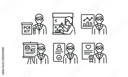 straight perfect out stroke icon mono icons style isolated medical researcher PCR kit medical researcher cell culture hood medical researcher statistical software license medical researcher