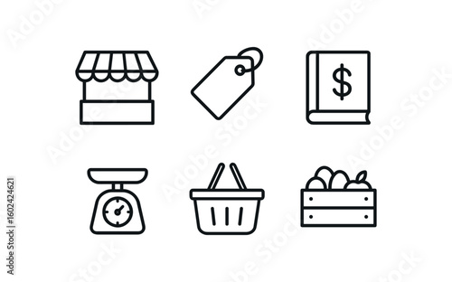straight perfect out stroke icon mono icons style isolated market stall awning canopy market price tag label market ledger book journal market vendor scale balance market shopper basket