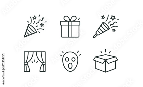 straight perfect out stroke icon mono icons style isolated surprise party popper surprise gift wrap paper surprise confetti cannon surprise reveal curtain surprise epression mask surprise