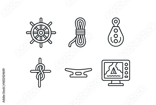 straight perfect out stroke icon mono icons style isolated sailing dder assembly sailing jib sheet rope sailing tacking block pulley sailing knot guide sailing deck cleats sailing GPS chart
