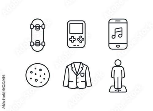 straight perfect out stroke icon mono icons style isolated adolescent skate deck adolescent gaming console adolescent smartphone adolescent acne patch adolescent school uniform blazer