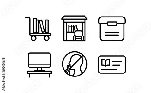 straight perfect out stroke icon mono icons style isolated library book cart trolley library reading nook kiosk library archival bo library computer terminal library silence sign library