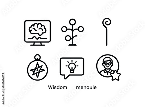 straight perfect out stroke icon mono icons style isolated wisdom brainwave monitor wisdom decision tree wisdom sage staff wisdom guiding compass wisdom speech bubble wisdom mentor badge