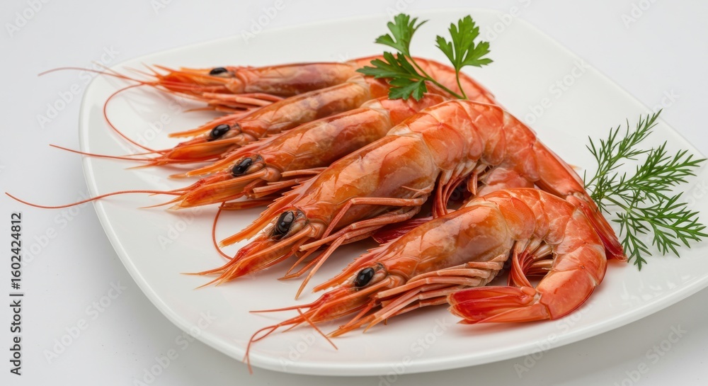 A close-up shot showcases cooked crustaceans on a white square plate, garnished with fresh green herbs, set against a neutral backdrop A close-up shot showcases cooked crustaceans on a white square plate, garnished with fresh green herbs, set against a neutral backdrop