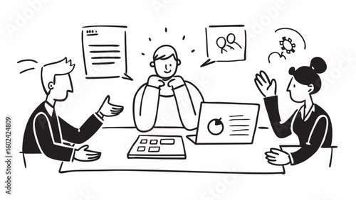 Doodle Line Art of a Business Meeting - Simple outlines of professionals in a conference room, discussing ideas with a whiteboard and presentation.
