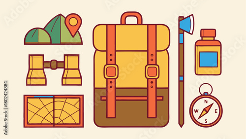 Flat lay of camping and hiking equipment on beige background