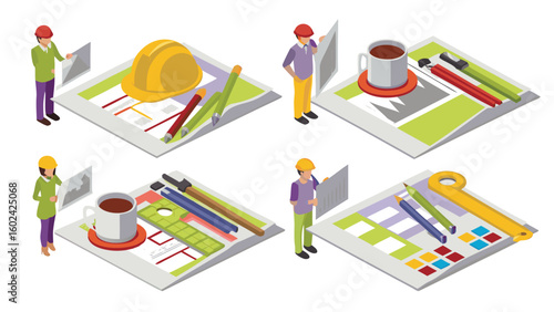 Isometric view of architects with hard hats reviewing blueprints with tools and coffee cups on tables