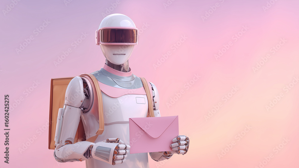 Naklejka premium This futuristic robot holds a package while standing against a vibrant sunset backdrop.