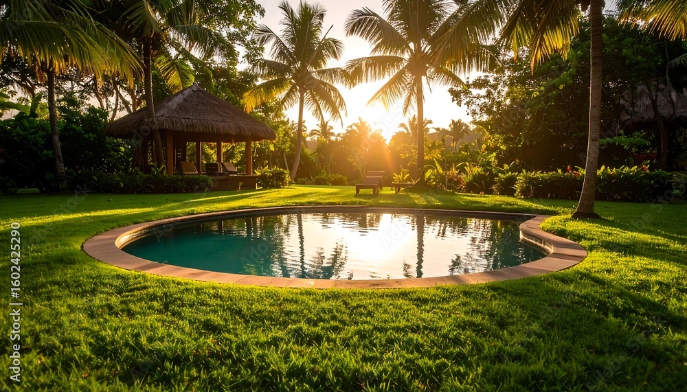 Fototapeta premium Tranquil sunset at a tropical villa with pristine pool and lush palm trees offering serenity