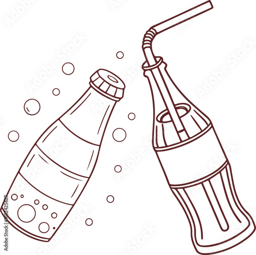 Hand-Drawn Soda Bottles with Bubbles – Retro Beverage Vector Illustration