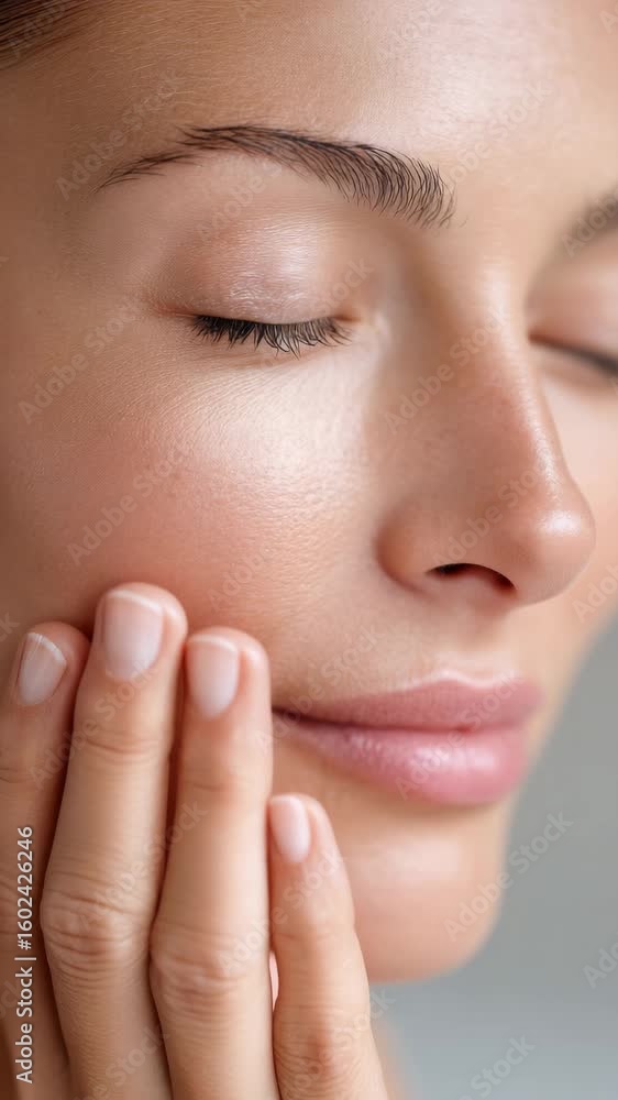 Closeup skincare routine: woman gently touching soft, radiant complexion with closed eyes Closeup skincare routine: woman gently touching soft, radiant complexion with closed eyes