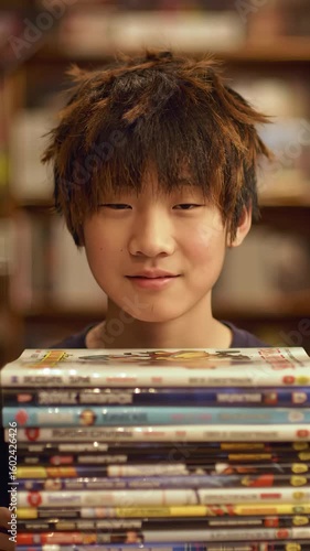  Happy Young Asian Boy with Messy Hair Proudly Holding a Large Stack of DVDs or Manga in a Library